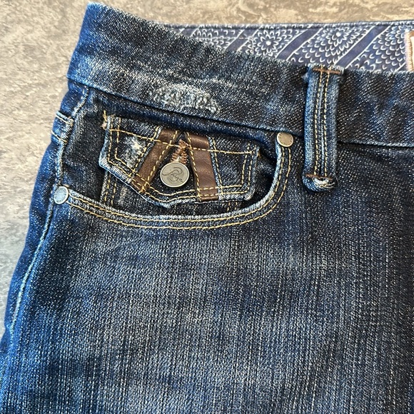 Paige Fairfax jean mini skirt, embroidered flap pockets, size 27 - Picture 7 of 12